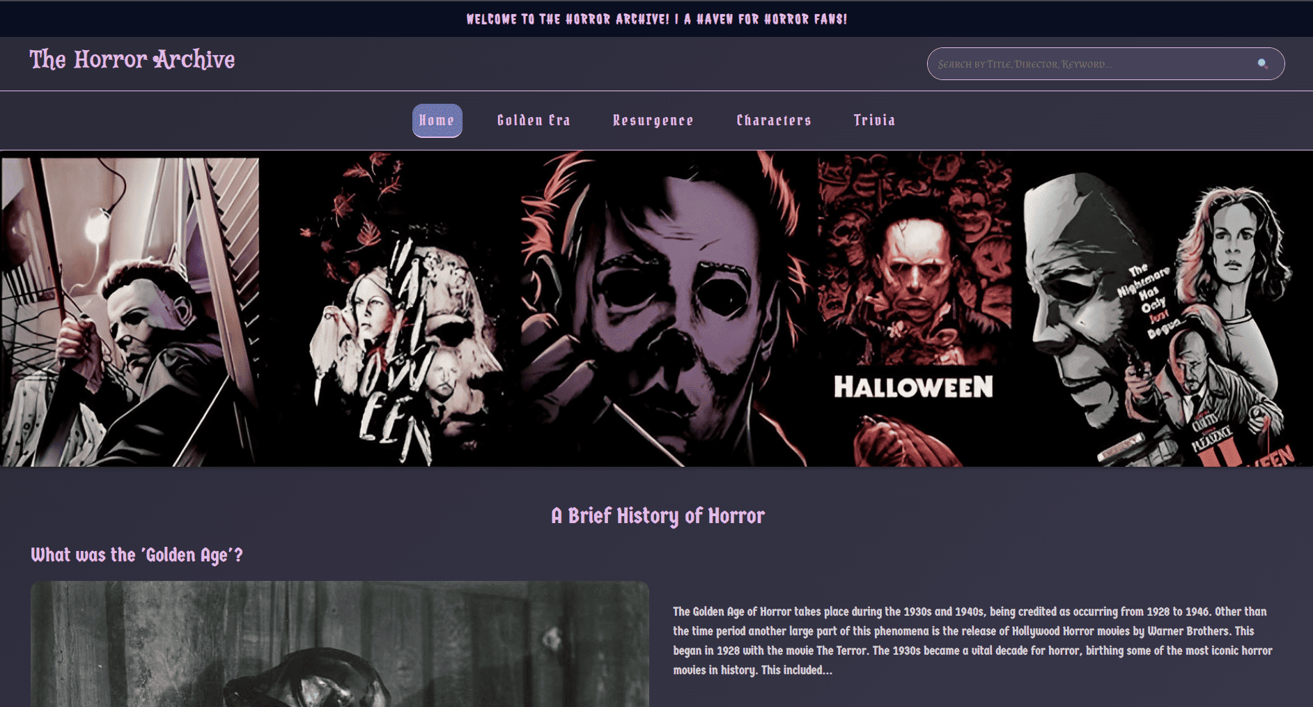 The Horror Archive homepage screenshot