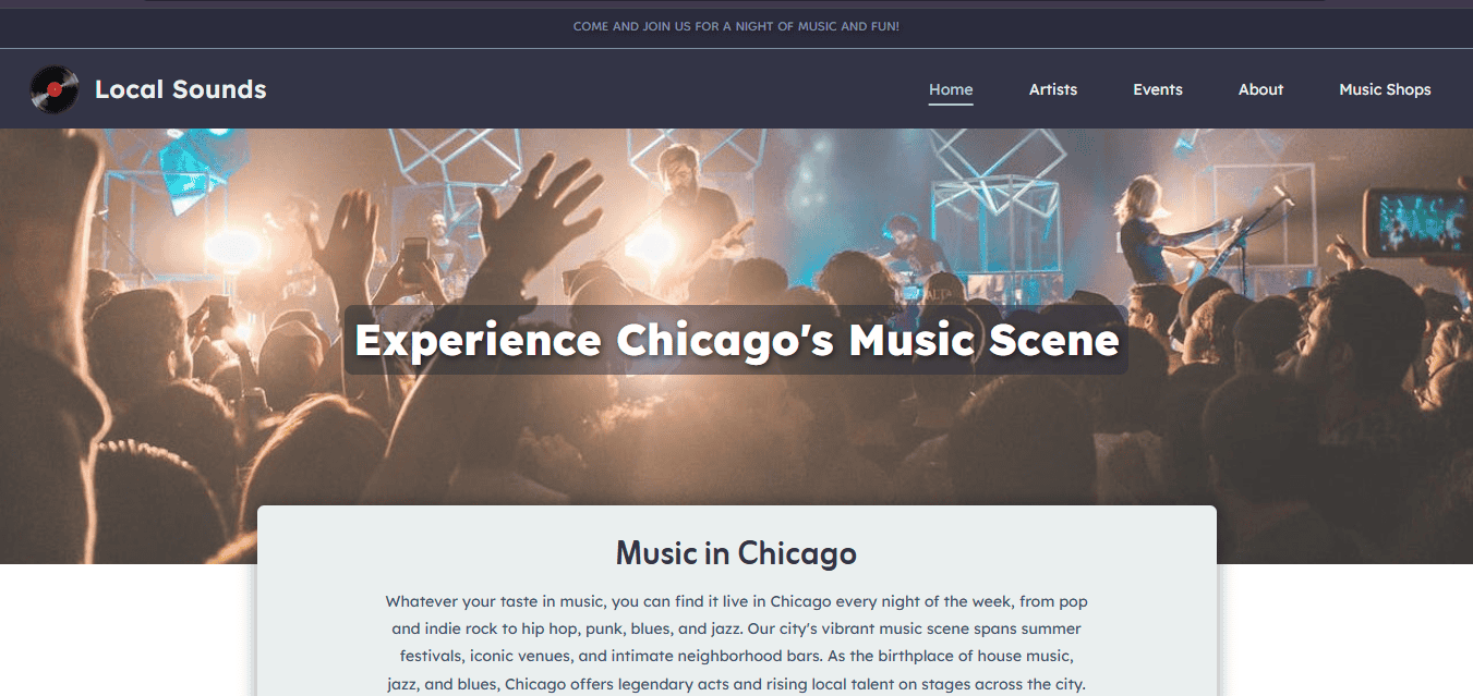 Homepage of Local Sounds website showcasing local Chicago musicians and upcoming live shows at neighborhood venues.