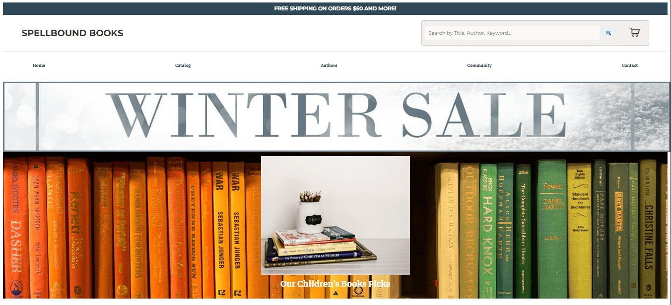 Homepage of Spellbound Books website showing a modern bookstore layout with featured titles, navigation links, and a welcoming tagline encouraging readers to explore.