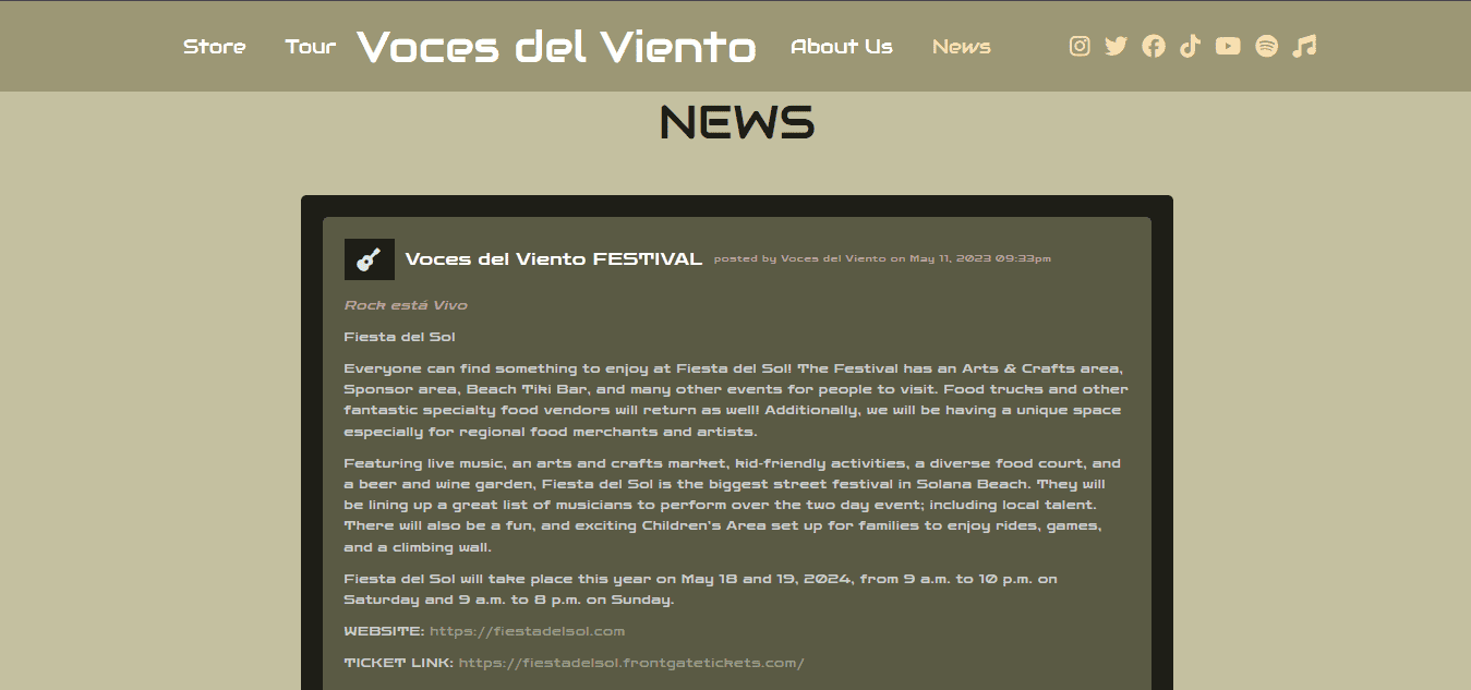 Band website tour dates screenshot